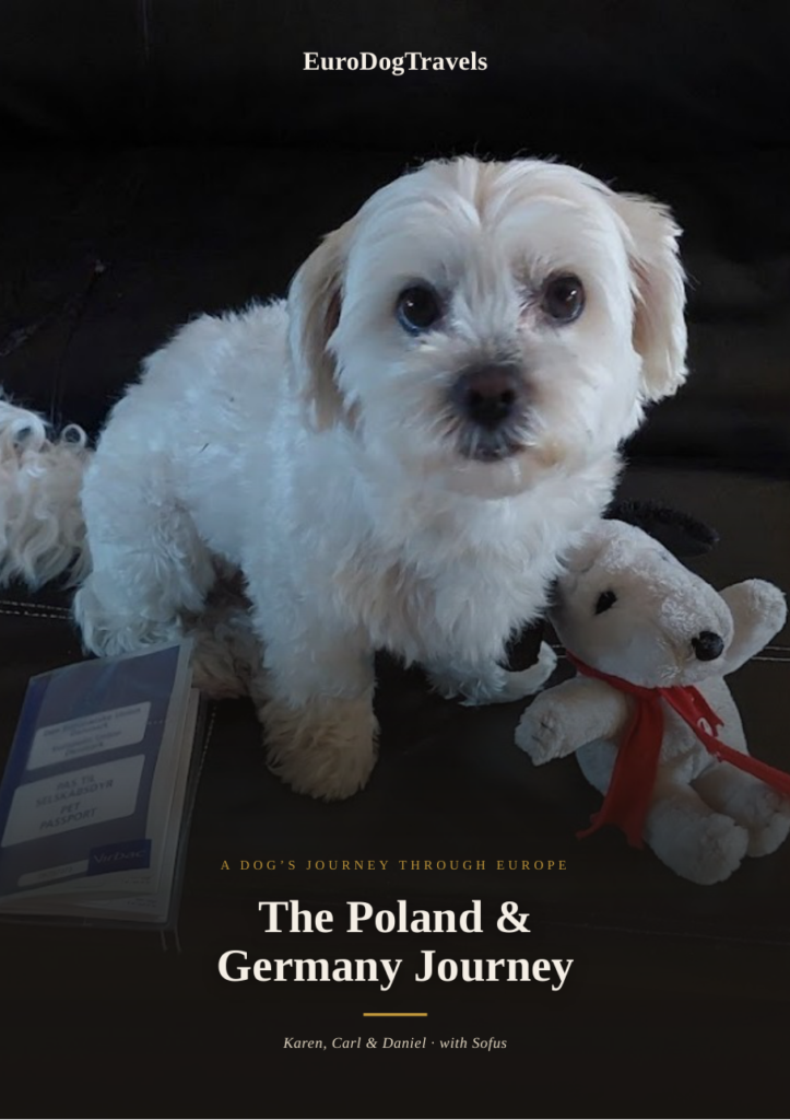 Cover of the EuroDogTravels guide — The Poland & Germany Journey, with Sofus the dog and his EU pet passport.