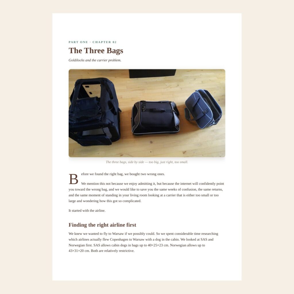 Sample chapter from the guide comparing three dog carrier bags for cabin travel.