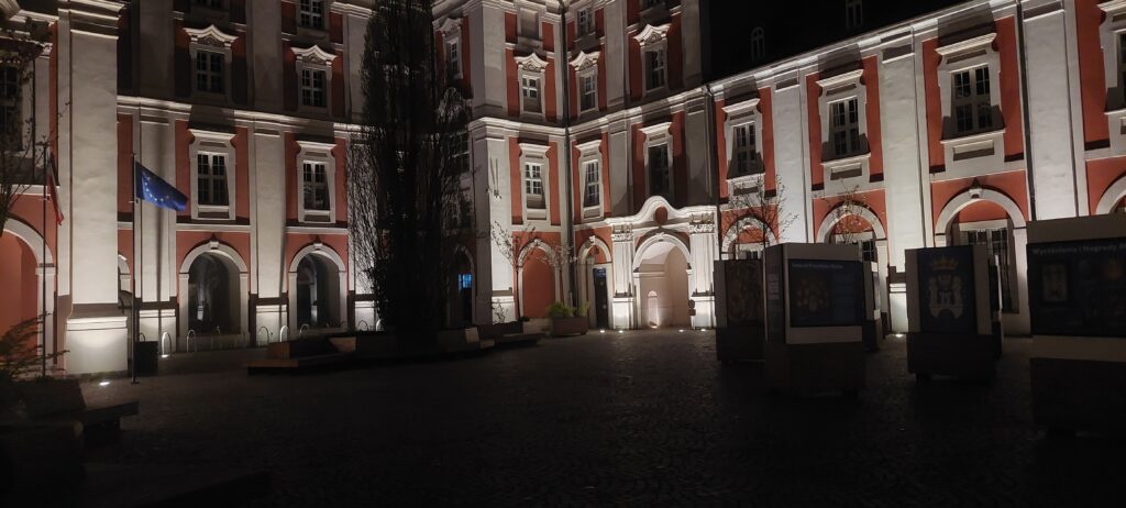 Poznan City Hall court yeard at night is quiet